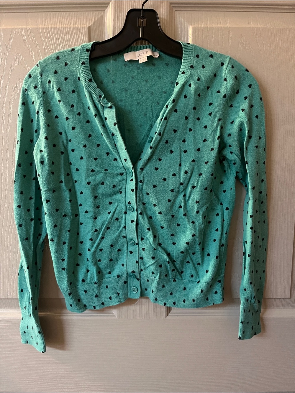 7/$20 LOFT Mint Green Cardigan with Black Heart Print